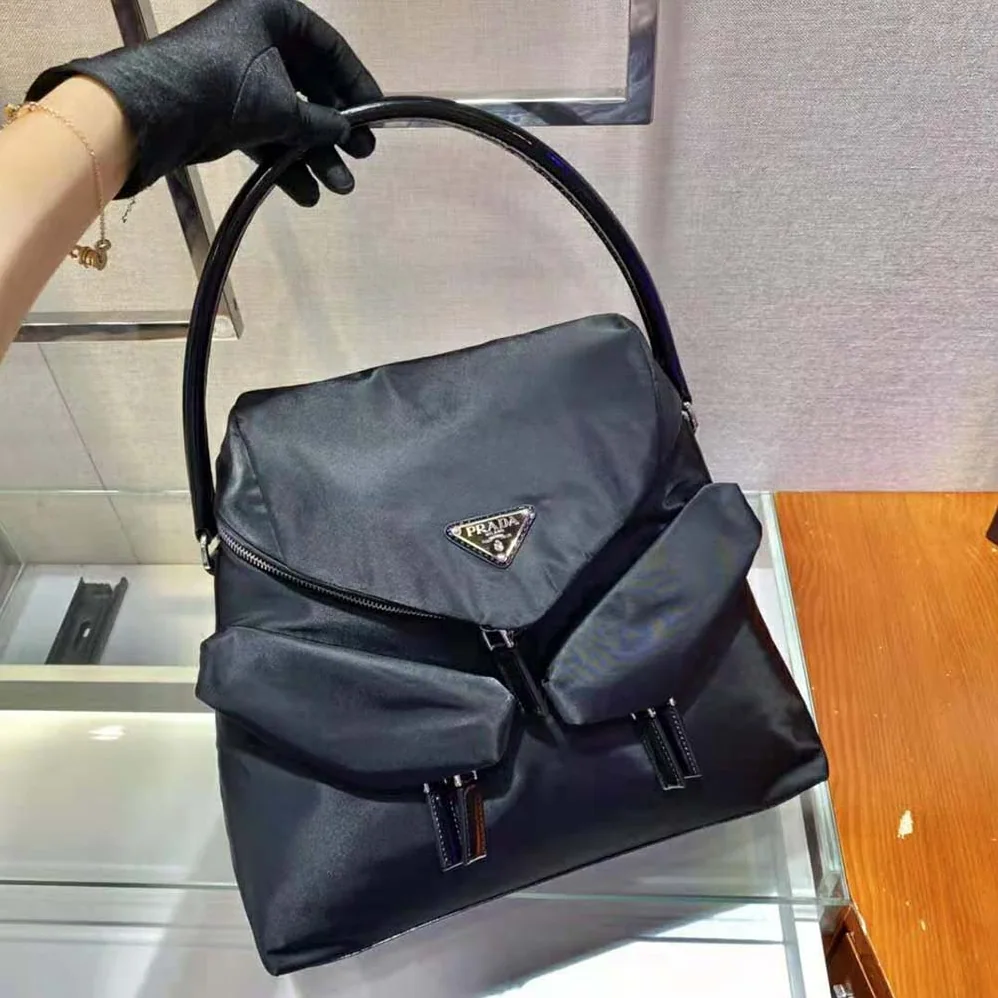 Prada Signaux Nylon and Leather Hobo Bag for Women in Black