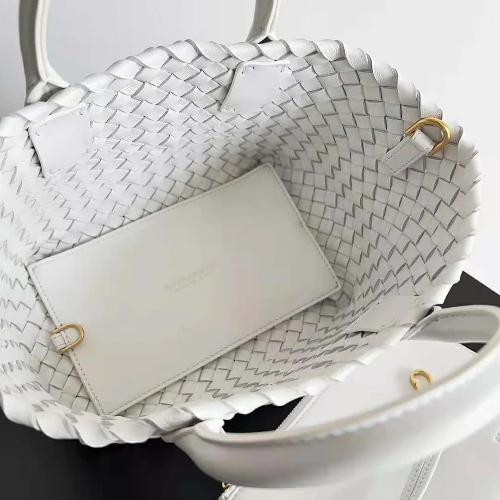 Bottega Veneta Mini Cabat Intreccio Leather Tote Bag with Detachable Strap for Women in White