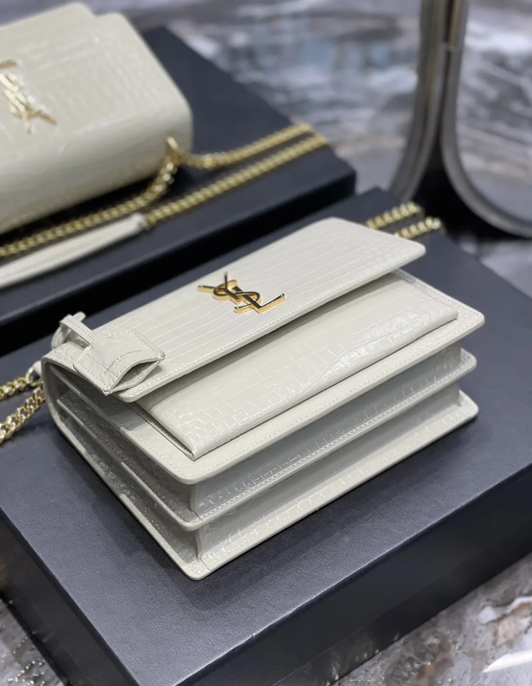 Saint Laurent Sunset Medium Chain Bag in White YSL Saint Laurent Sunset Medium Chain Bag in White YSL