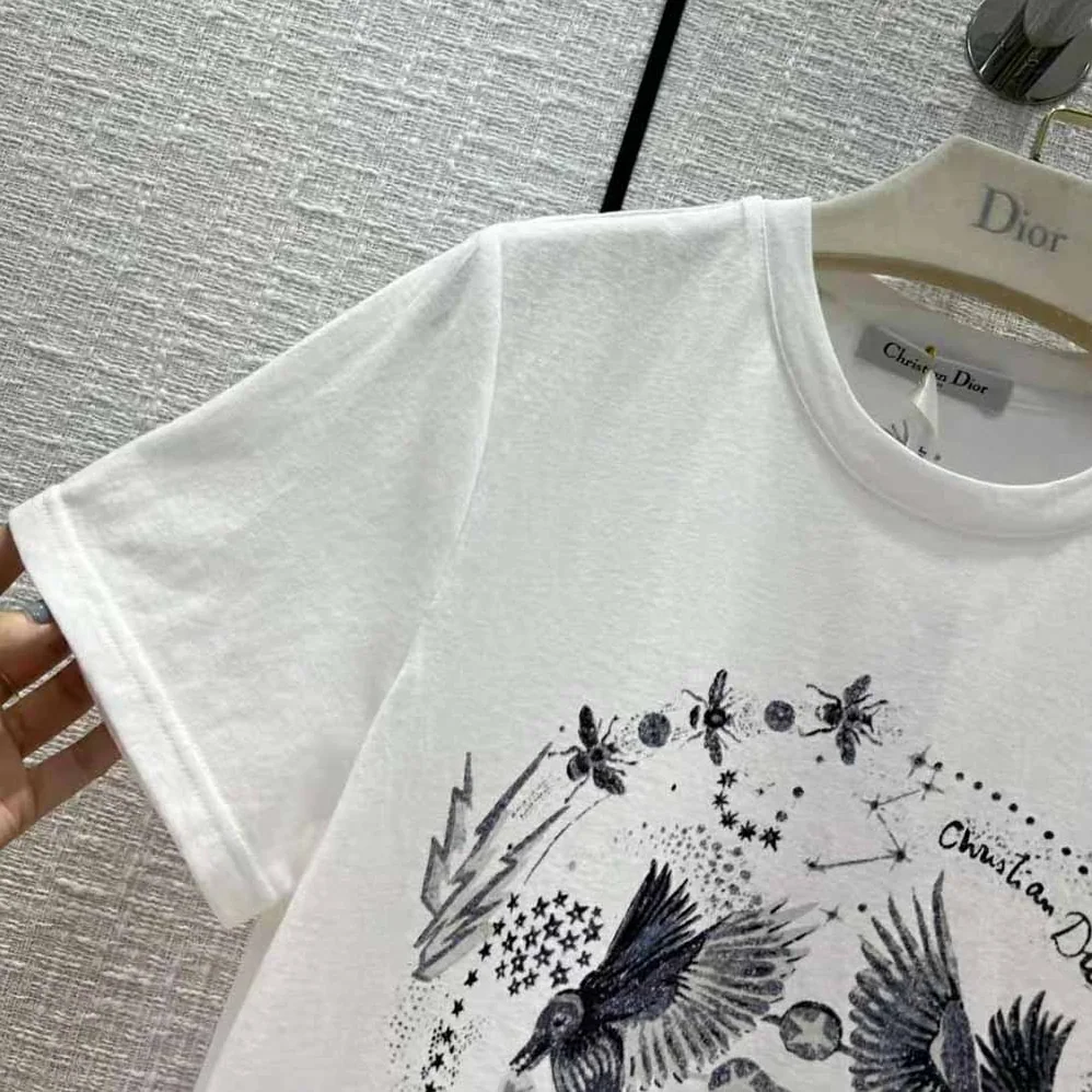 Dior T-shirt White Cotton Jersey and Linen with Black Gemini Motif for Women