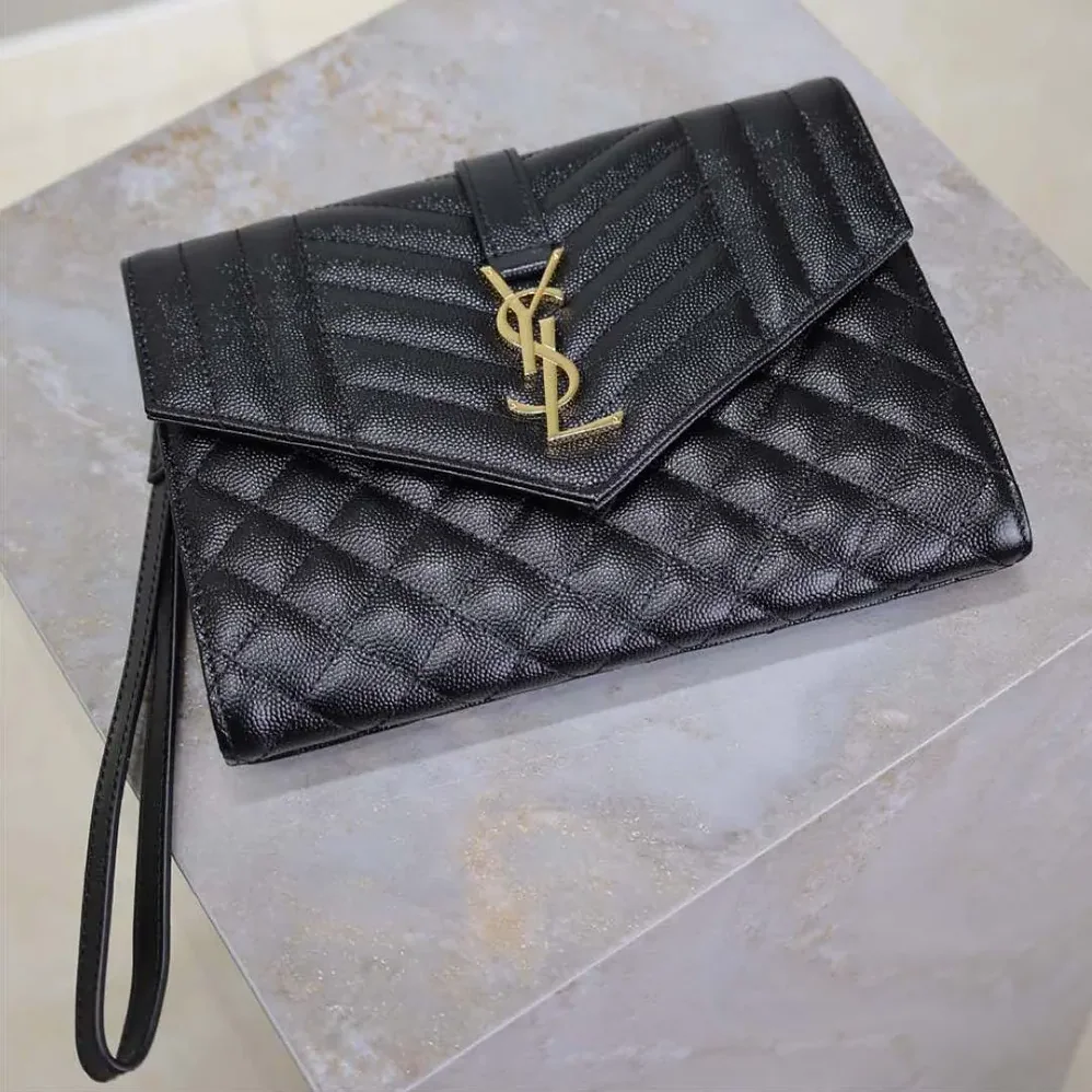 Saint Laurent YSL Envelope Flap Pouch In Mix Matelassé Grain De Poudre Leather Black for Women