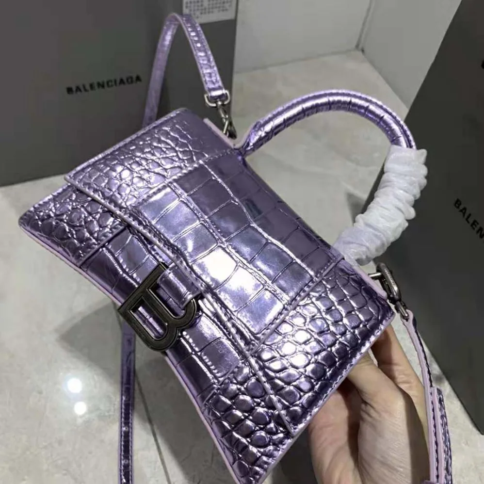 Balenciaga Hourglass XS Handbag Metallized Crocodile Embossed in Purple for Women Balenciaga Hourglass XS Handbag Metallized Crocodile Embossed in Purple for Women
