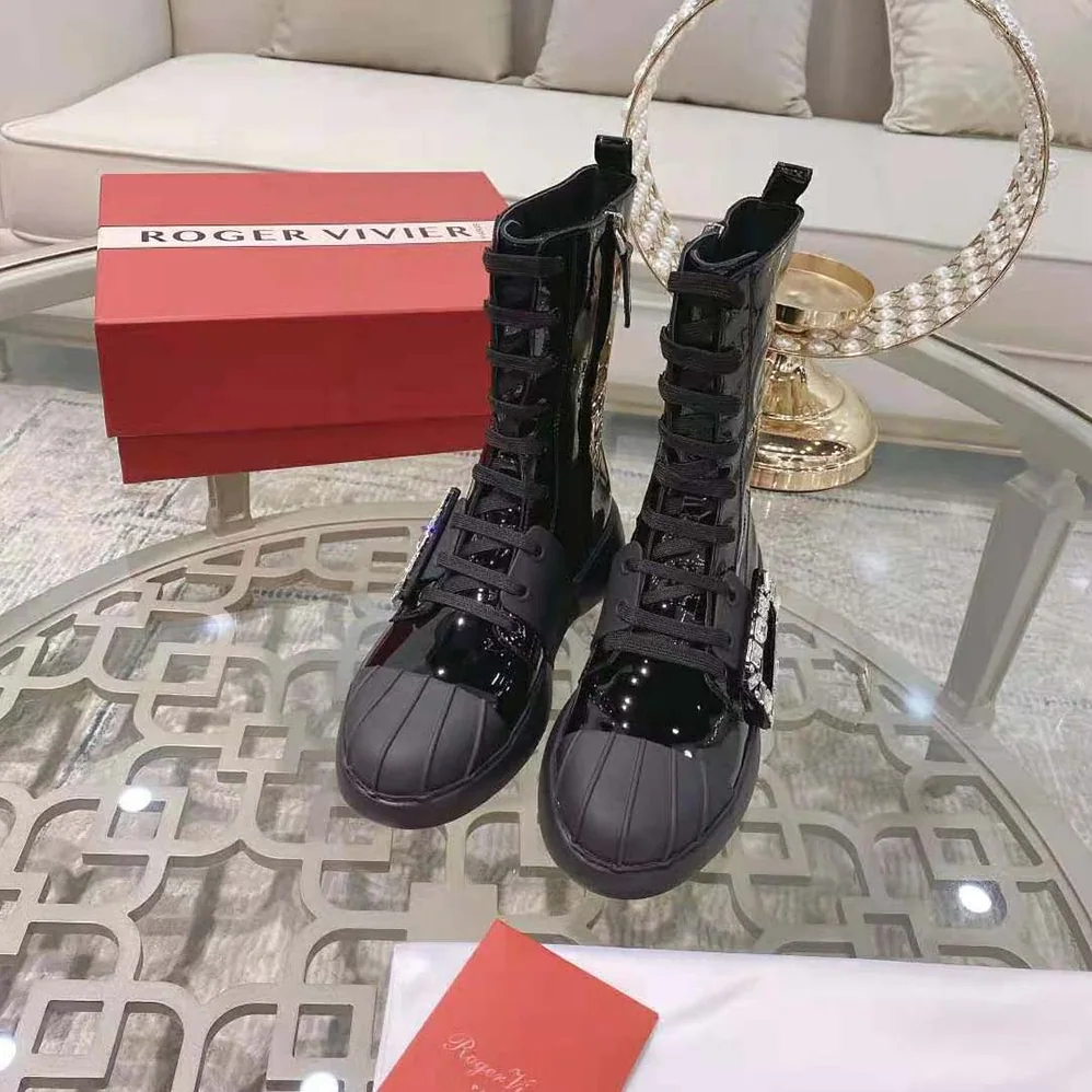 Roger Vivier Viv Skate Lace Up Strass Buckle Booties in Leather for Women in Black Roger Vivier Viv Skate Lace Up Strass Buckle Booties in Leather for Women in Black