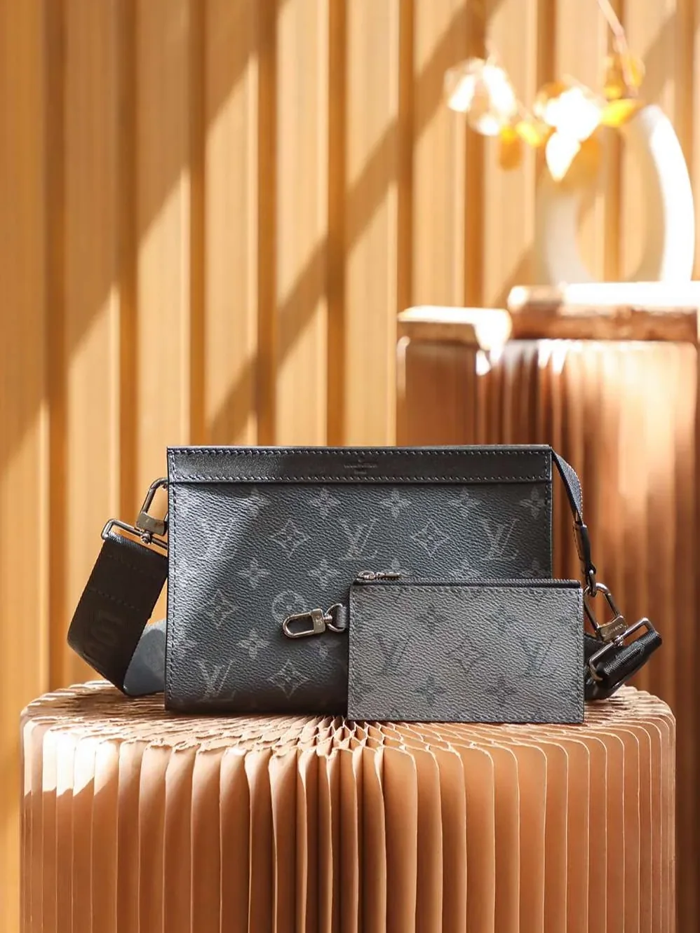 Louis Vuitton Pochette Gaston Wearable Wallet Shoulder Bag / Black Monogram Eclipse Canvas Silver Hardware