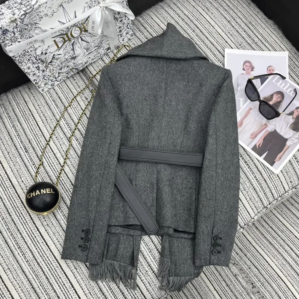 Dior Belted Jacket with Removable Scarf Gray Virgin Wool Tweed for Women