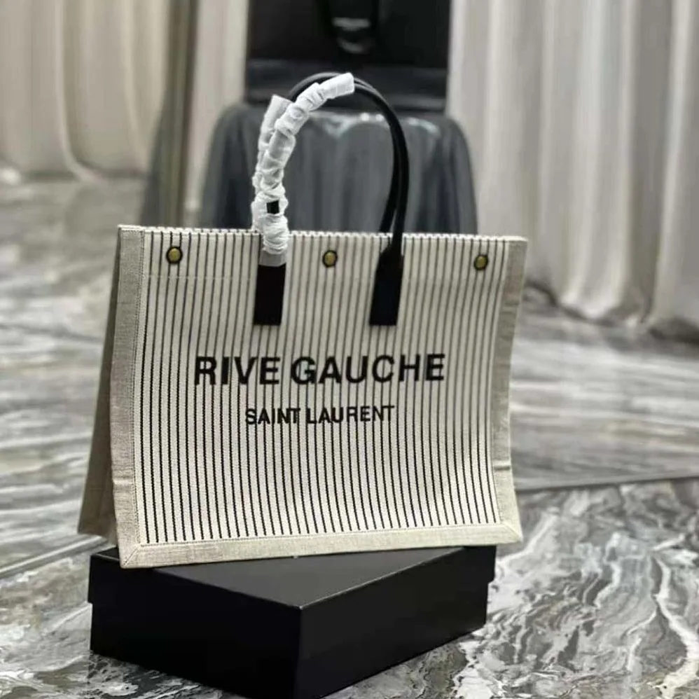 Saint Laurent YSL Rive Gauche Tote Bag in Linen and Smooth Leather for Women Saint Laurent YSL Rive Gauche Tote Bag in Linen and Smooth Leather for Women