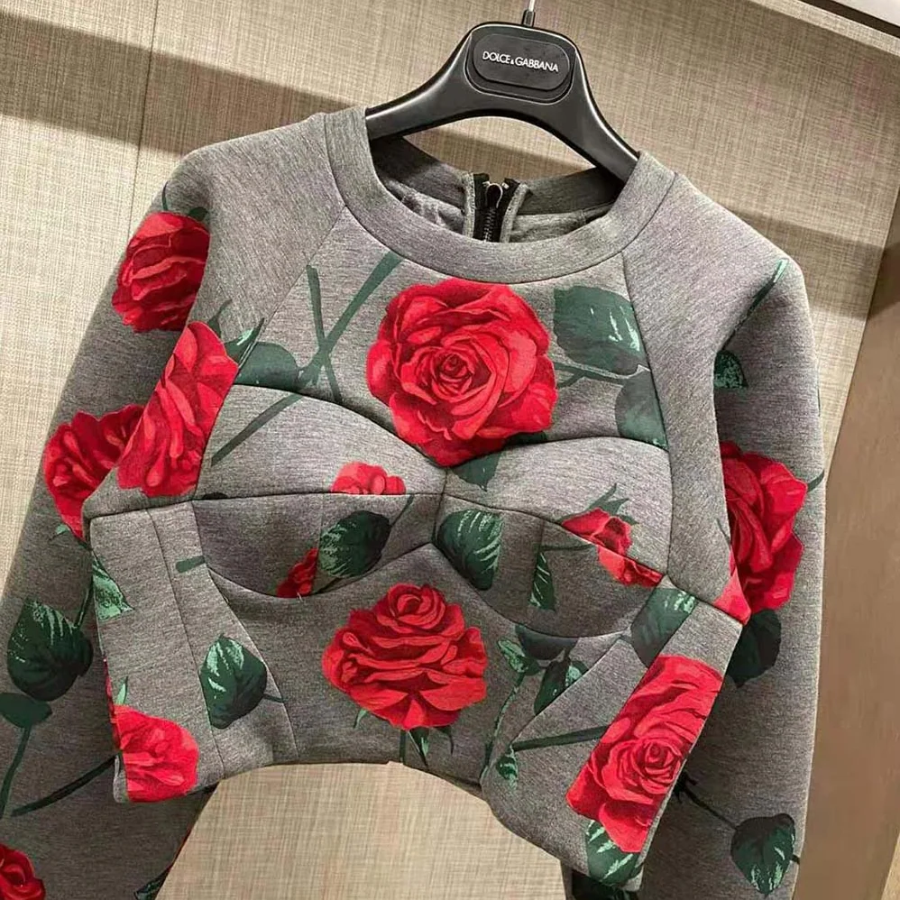 Dolce Gabbana D&G Technical Jersey Sweatshirt with Flocked Rose Print and Bustier Details for Women