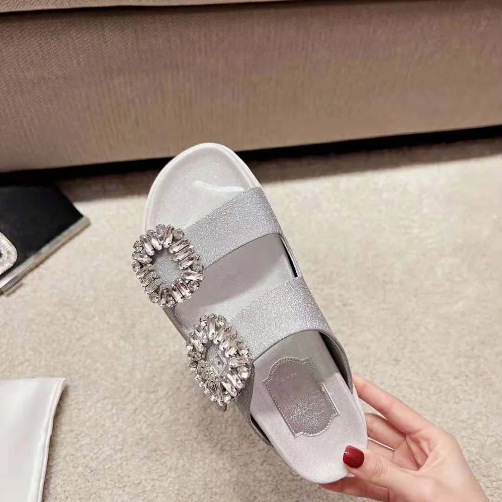 Roger Vivier Slidy Viv Strass Buckle Sandals in Fabric for Women in Gray Roger Vivier Slidy Viv Strass Buckle Sandals in Fabric for Women in Gray