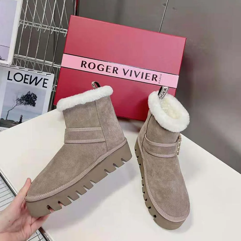 Roger Vivier Viv' Winter Fur Strass Buckle Ankle Boots in Suede for Women in Beige Roger Vivier Viv' Winter Fur Strass Buckle Ankle Boots in Suede for Women in Beige