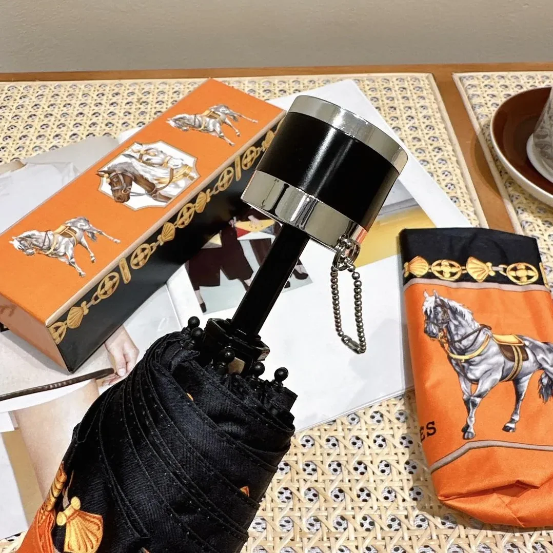 Hermes Long Umbrella With Horse Motif Orange