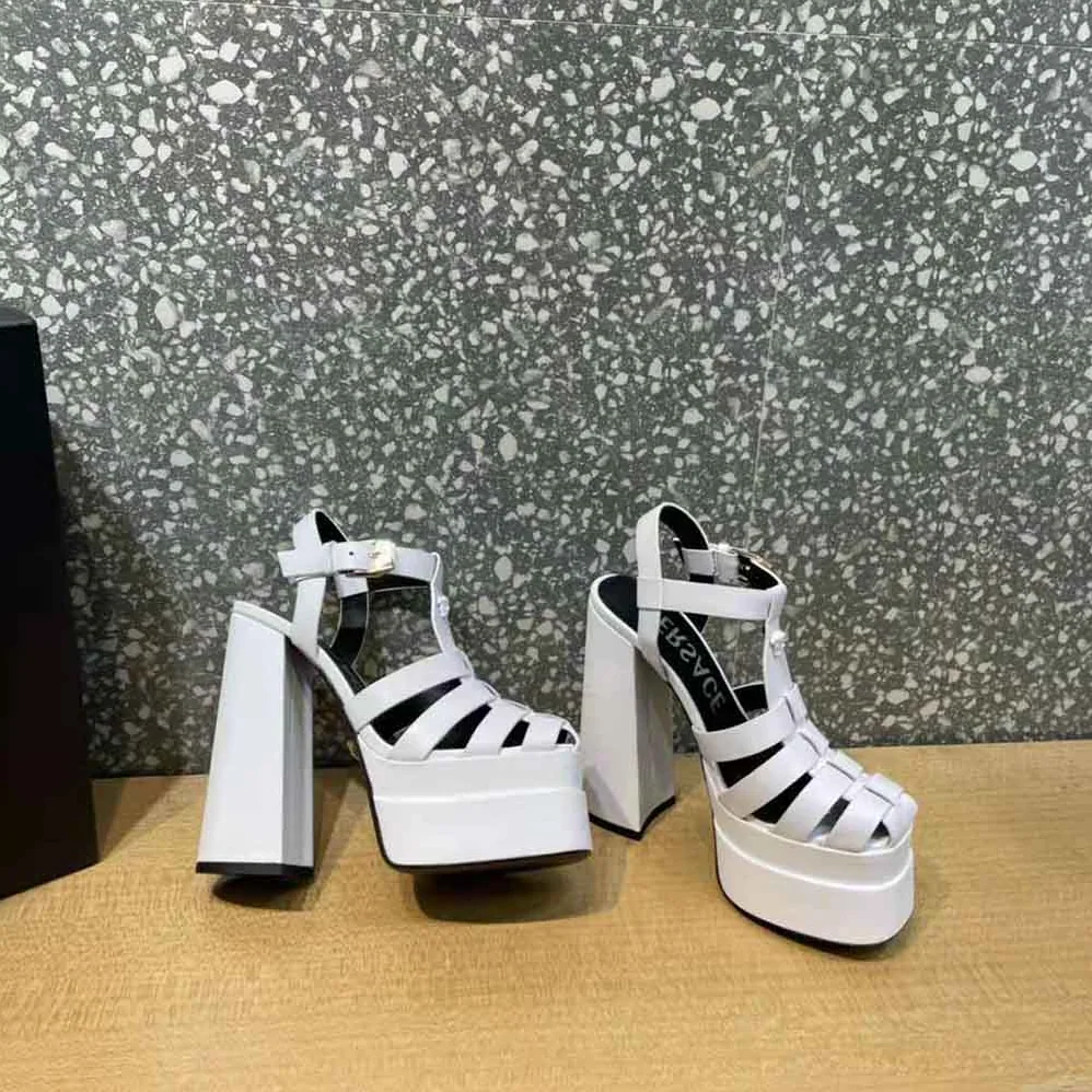 Versace La Medusa Platform Sandals in Calf Leather for Women in White Versace La Medusa Platform Sandals in Calf Leather for Women in White