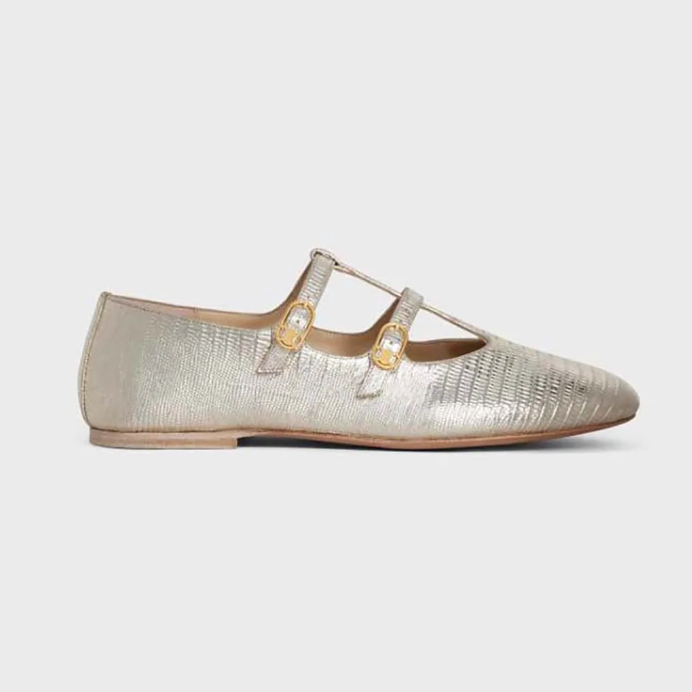 Celine Les Ballerines Celine Double Strap Mary Jane in Lizard Stamped Metalized Calfskin for Women Celine Les Ballerines Celine Double Strap Mary Jane in Lizard Stamped Metalized Calfskin for Women