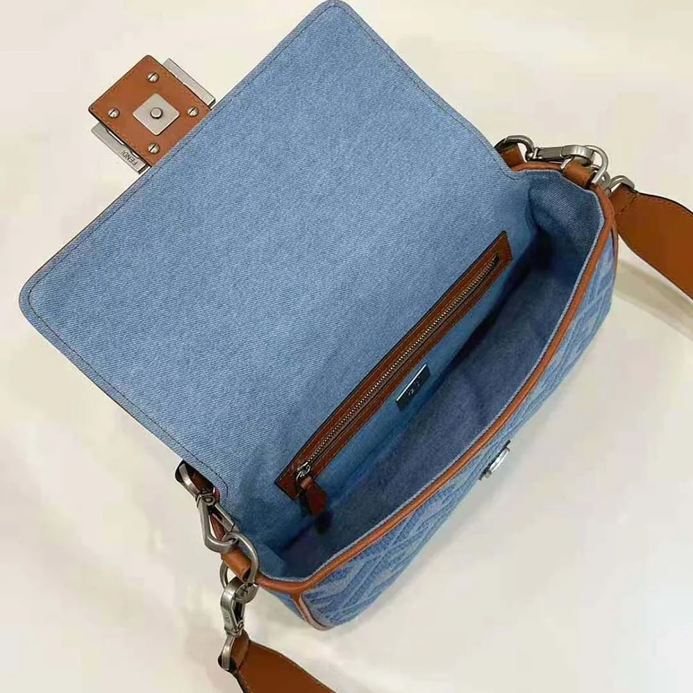 Fendi Baguette Light Blue Denim Bag with FF Embroidery for Women
