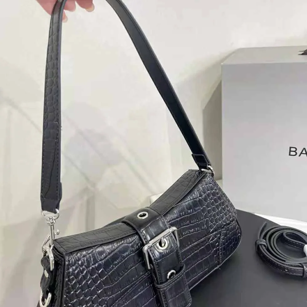 Balenciaga Lindsay Small Shoulder Bag with Strap Crocodile Embossed for Women in Black