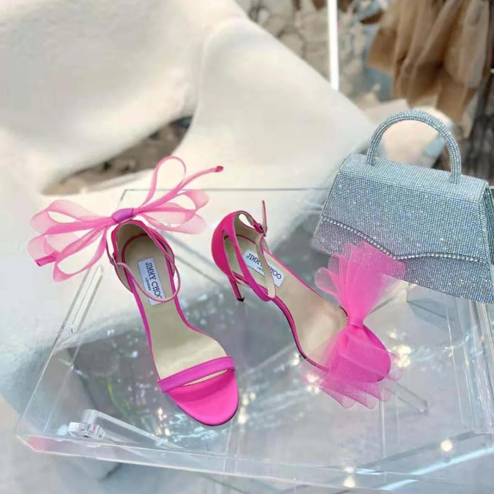 Jimmy Choo Aveline 100 Fuchsia Sandals with Asymmetric Grosgrain Mesh Fascinator Bows for Women