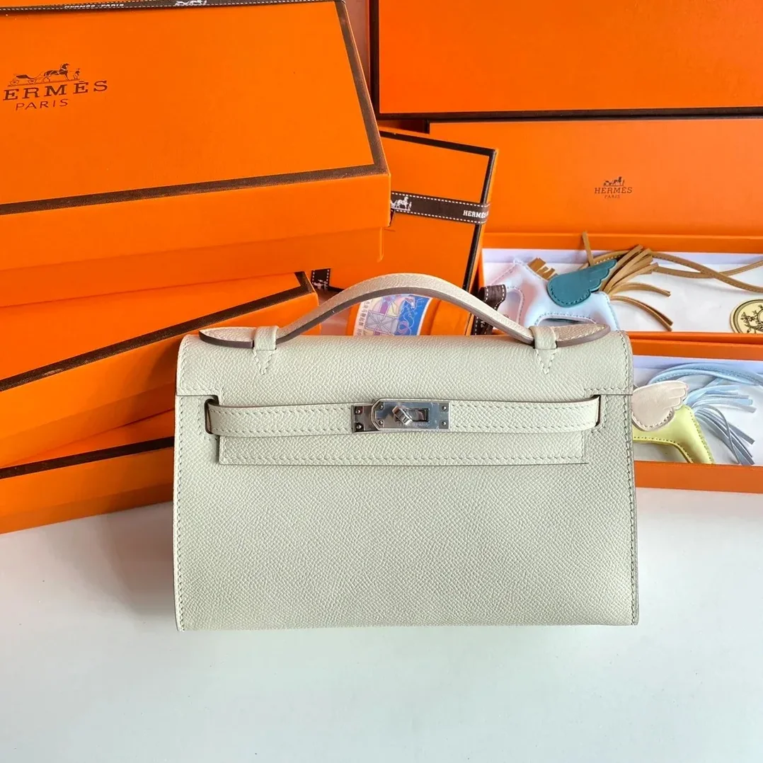 Hermes Kelly Pochette Top Handle Bag in Blanc Epsom Palladium Hardware