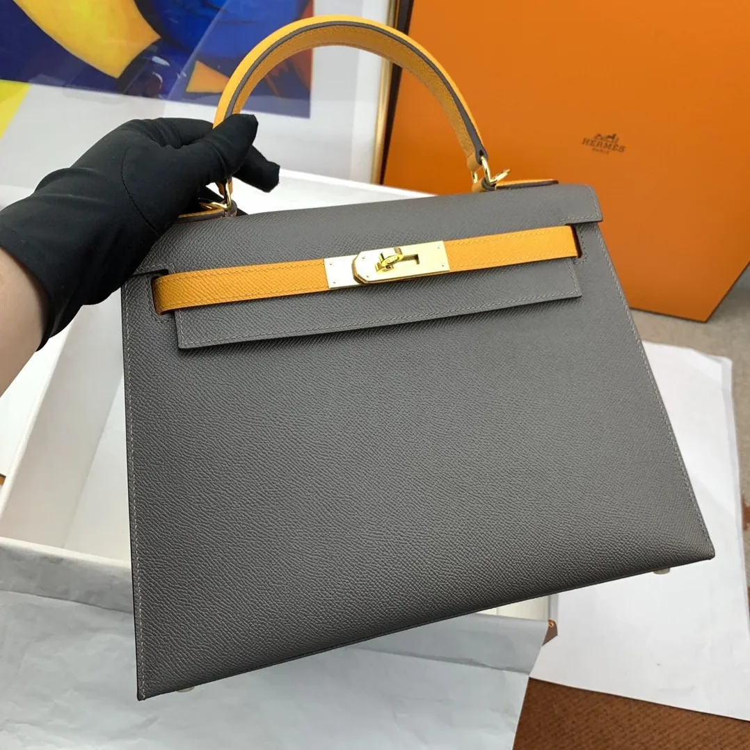 Hermes Kelly 28 Sellier Epsom Dark Grey in Yellow Bag