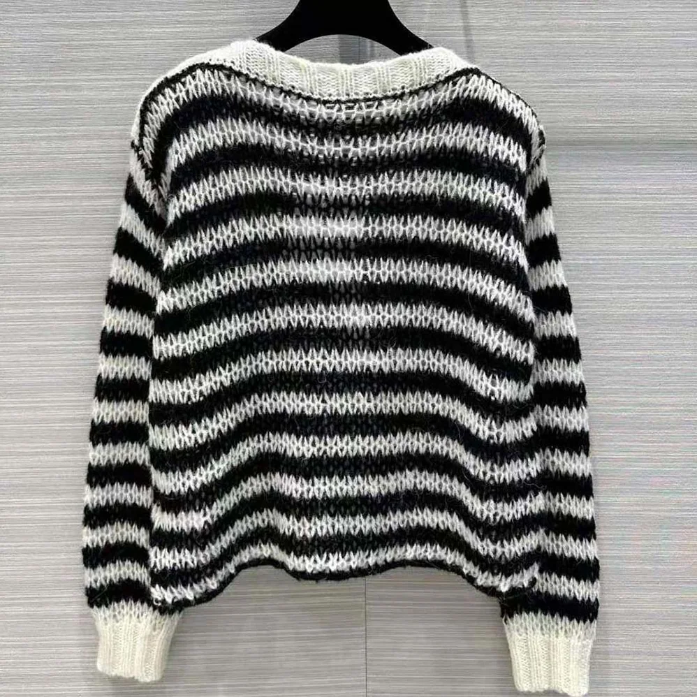 Dior Marinière Sweater Navy Blue and Ecru Wool Cashmere and Silk Knit with D for Women in Stripes Motif