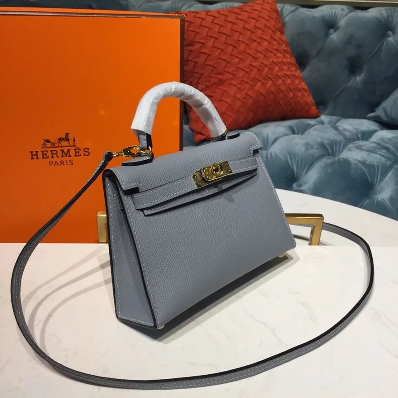 Hermes Kelly Mini Top Handle Bag in Bleu Glacier Gold Hardware