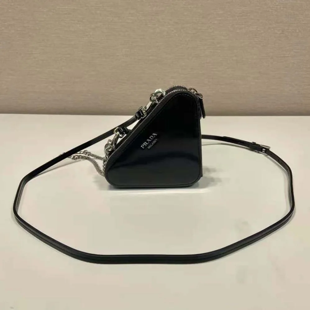 Prada Triangular Embellished Satin and Leather Mini-pouch for Women in Black Prada Triangular Embellished Satin and Leather Mini-pouch for Women in Black