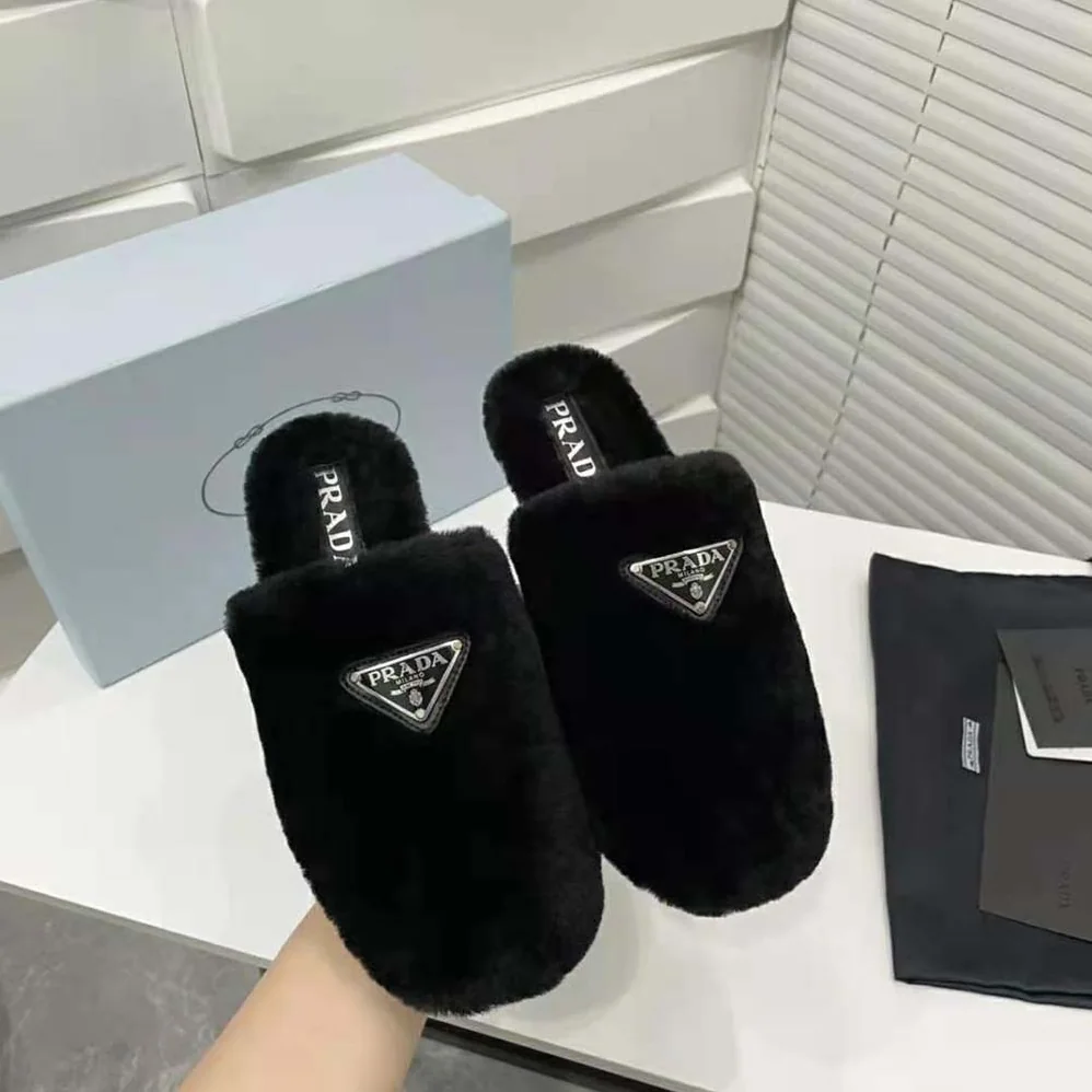 Prada Shearling Sabots The Enameled Triangle Logo for Women