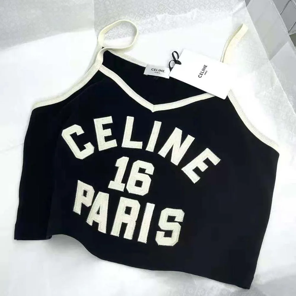 Celine Embroidered Celine 16 Vest Top in Cotton Jersey for Women in Black Celine Embroidered Celine 16 Vest Top in Cotton Jersey for Women in Black