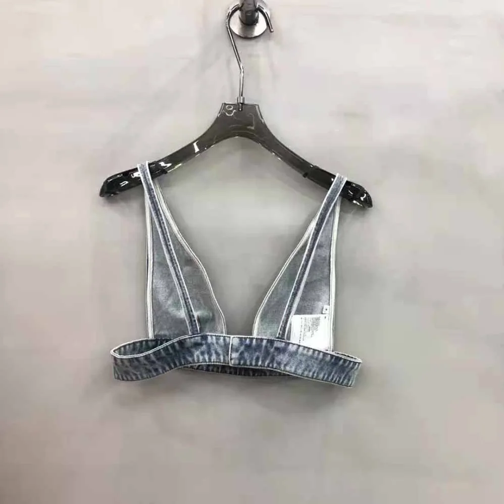 Prada Organic Denim Top with Plunging V Neck is Made of Washed Organic Denim for Women in Blue