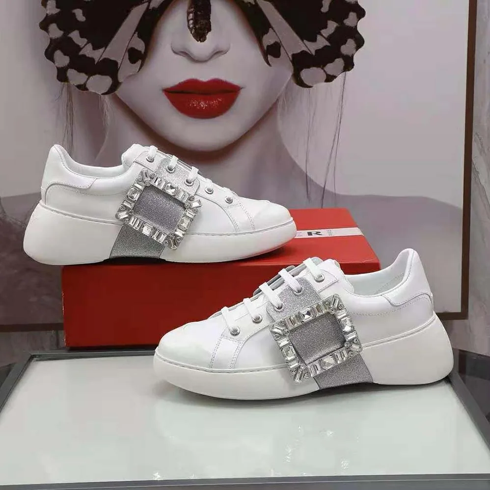 Roger Vivier Viv' Skate Glitter Strass Buckle Sneakers in Soft Leather for Women in Silver Roger Vivier Viv' Skate Glitter Strass Buckle Sneakers in Soft Leather for Women in Silver