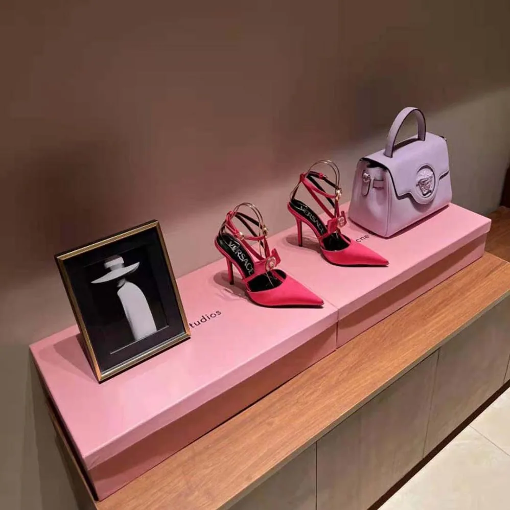 Versace Gianni Ribbon Cage Satin Pumps for Women in Rose Versace Gianni Ribbon Cage Satin Pumps for Women in Rose