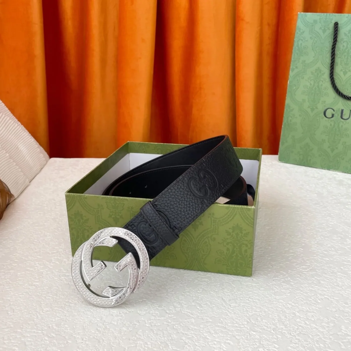 Gucci GG Pebbled Monogram Belt Black With Silver Crystal Buckle Gucci GG Pebbled Monogram Belt Black With Silver Crystal Buckle