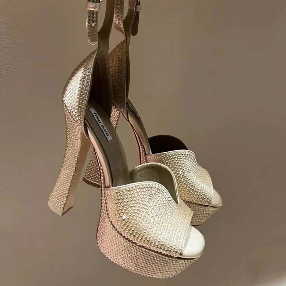 Miu Miu Satin Platform Sandals with Crystals for Women in Gold