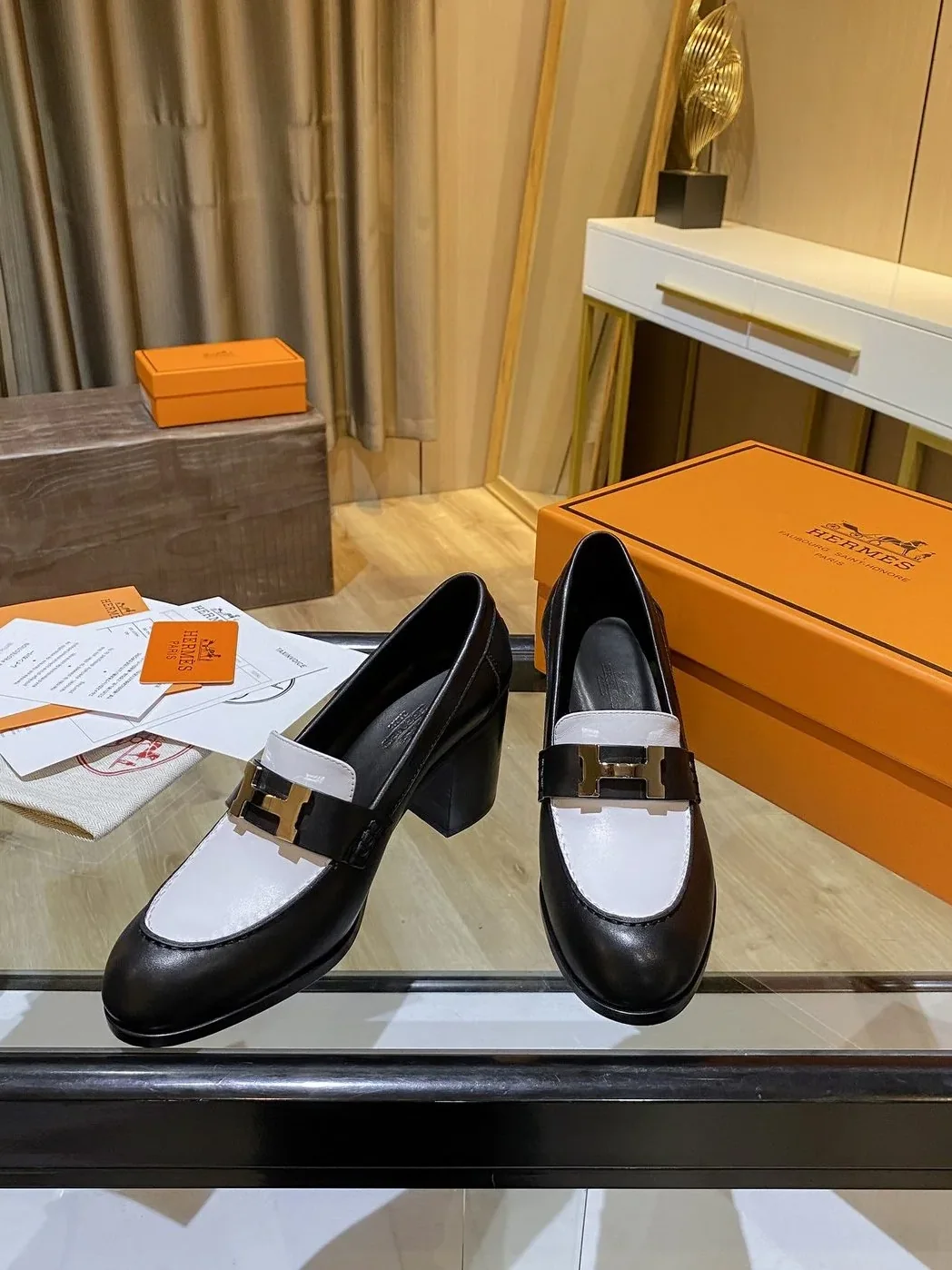 Hermes Dauphine 70 Loafers Black in White
