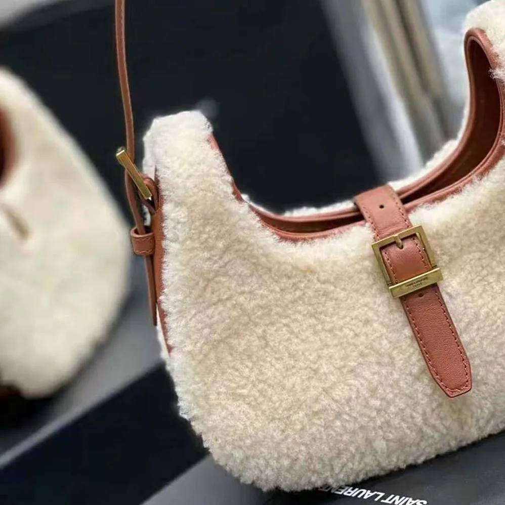Saint Laurent YSL Le Fermoir Hobo Bag in Merino Shearling for Women Saint Laurent YSL Le Fermoir Hobo Bag in Merino Shearling for Women