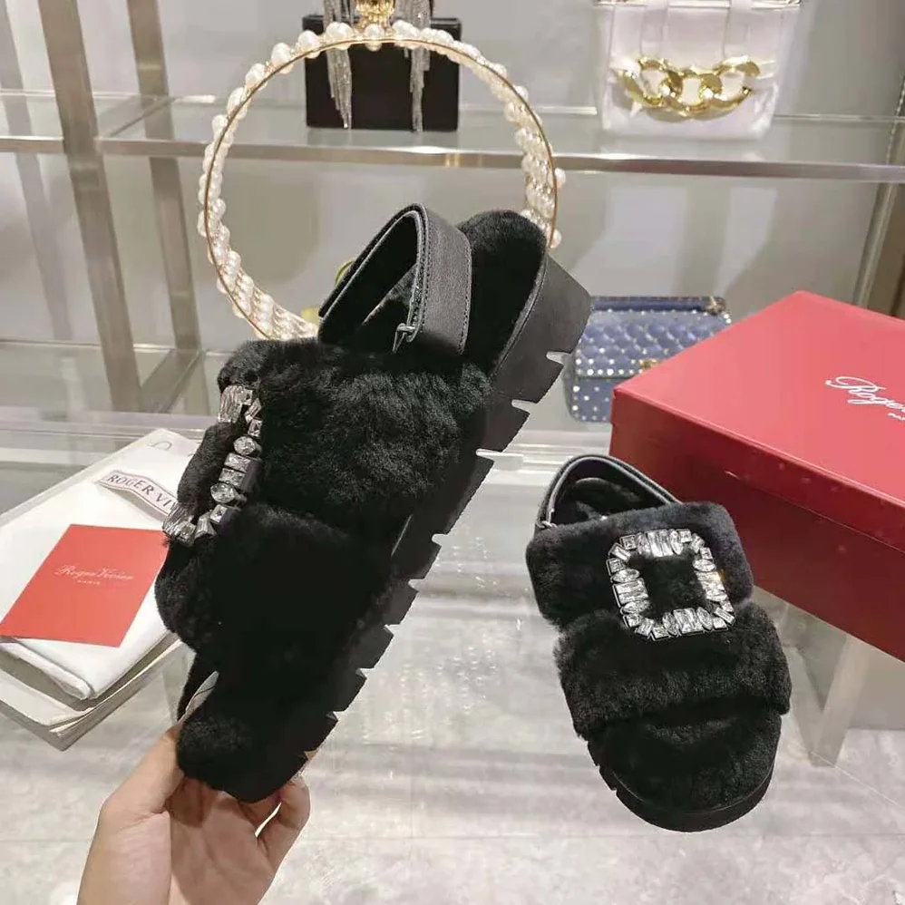 Roger Vivier Viv' Winter Fur Strass Buckle Sandals in Sheepskin for Women in Black Roger Vivier Viv' Winter Fur Strass Buckle Sandals in Sheepskin for Women in Black