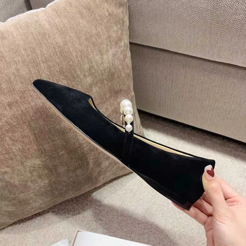 Jimmy Choo ADE Flat Black Suede Flats with Pearl Embellishment for Women Jimmy Choo ADE Flat Black Suede Flats with Pearl Embellishment for Women