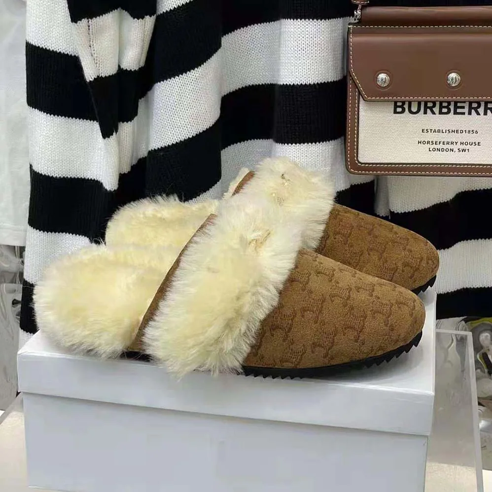 Celine Fur Slides Triomphe Closed Slipper in Suede Calfskin and Shearling for Women Celine Fur Slides Triomphe Closed Slipper in Suede Calfskin and Shearling for Women