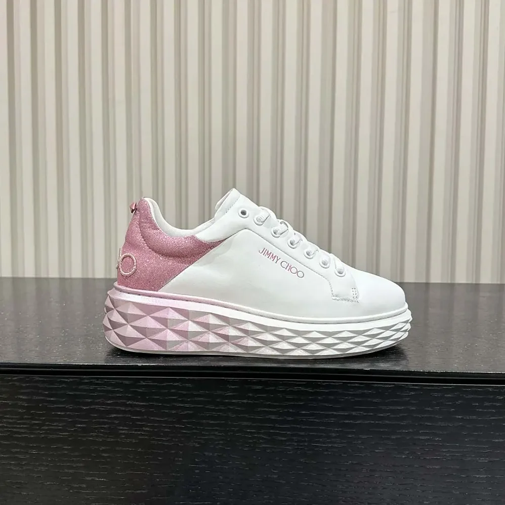 Jimmy Choo Diamond Maxi/F II White & Rose Nappa Leather Glitter Trainers for Women Jimmy Choo Diamond Maxi/F II White & Rose Nappa Leather Glitter Trainers for Women