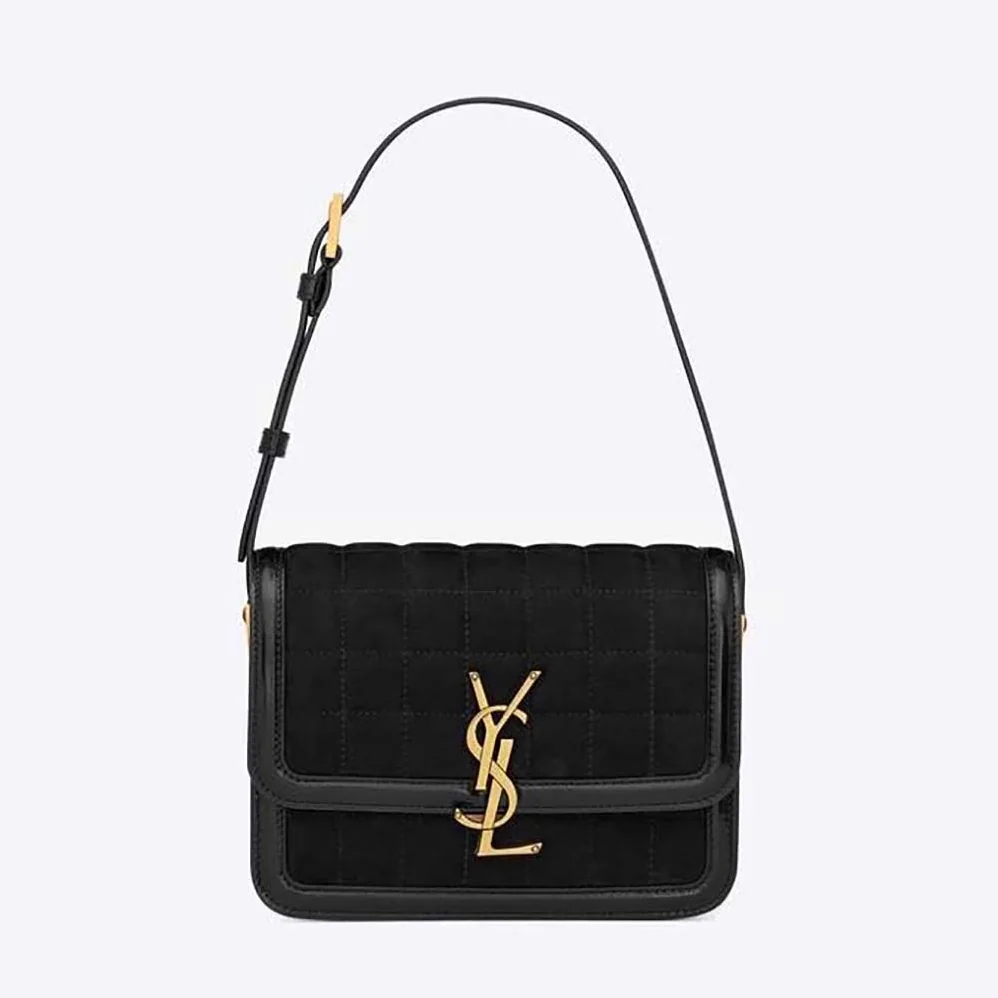 Saint Laurent YSL Solferino Small Satchel in Quilted Nubuck Suede for Women in Black