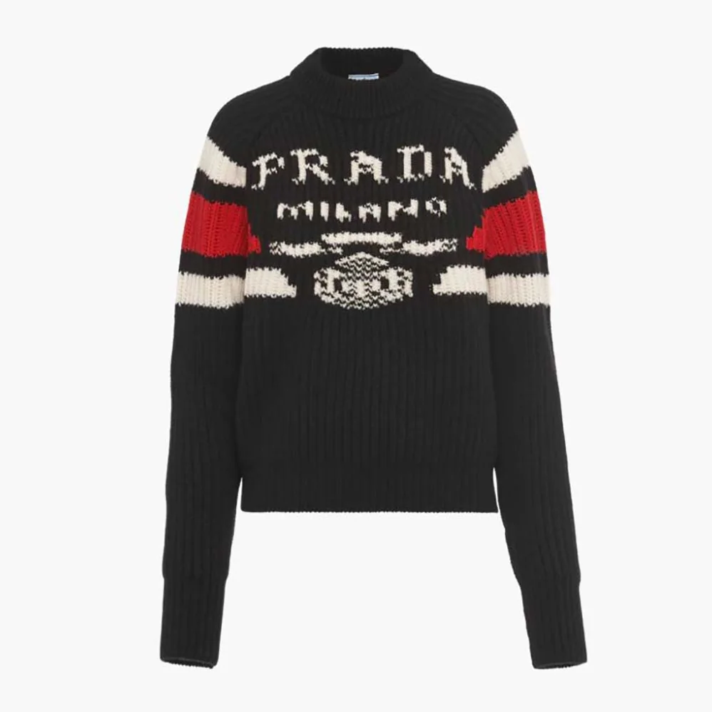 Prada Cashmere Ribbed Knit Sweater with Sleek for Women in Black