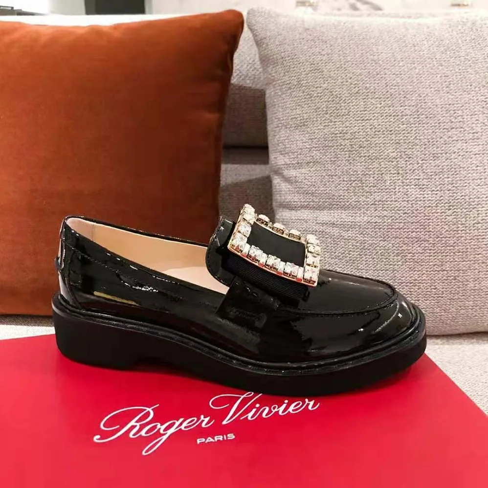 Roger Vivier Viv' Rangers Strass Buckle Loafers for Women in Black Roger Vivier Viv' Rangers Strass Buckle Loafers for Women in Black