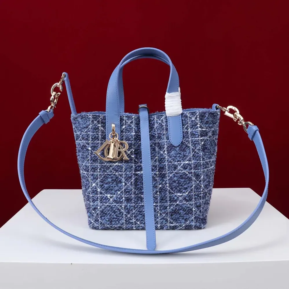 Dior Small Dior Toujours Vertical Tote Bag Blue Tweed with White Cannage Motif for Women Dior Small Dior Toujours Vertical Tote Bag Blue Tweed with White Cannage Motif for Women