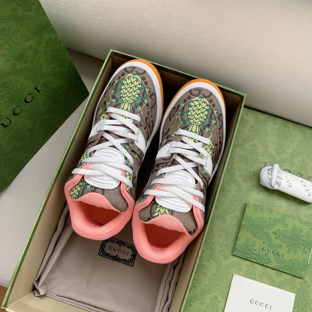 Gucci Basket Sneaker Print Pineapple Brown Pink for Women Gucci Basket Sneaker Print Pineapple Brown Pink for Women