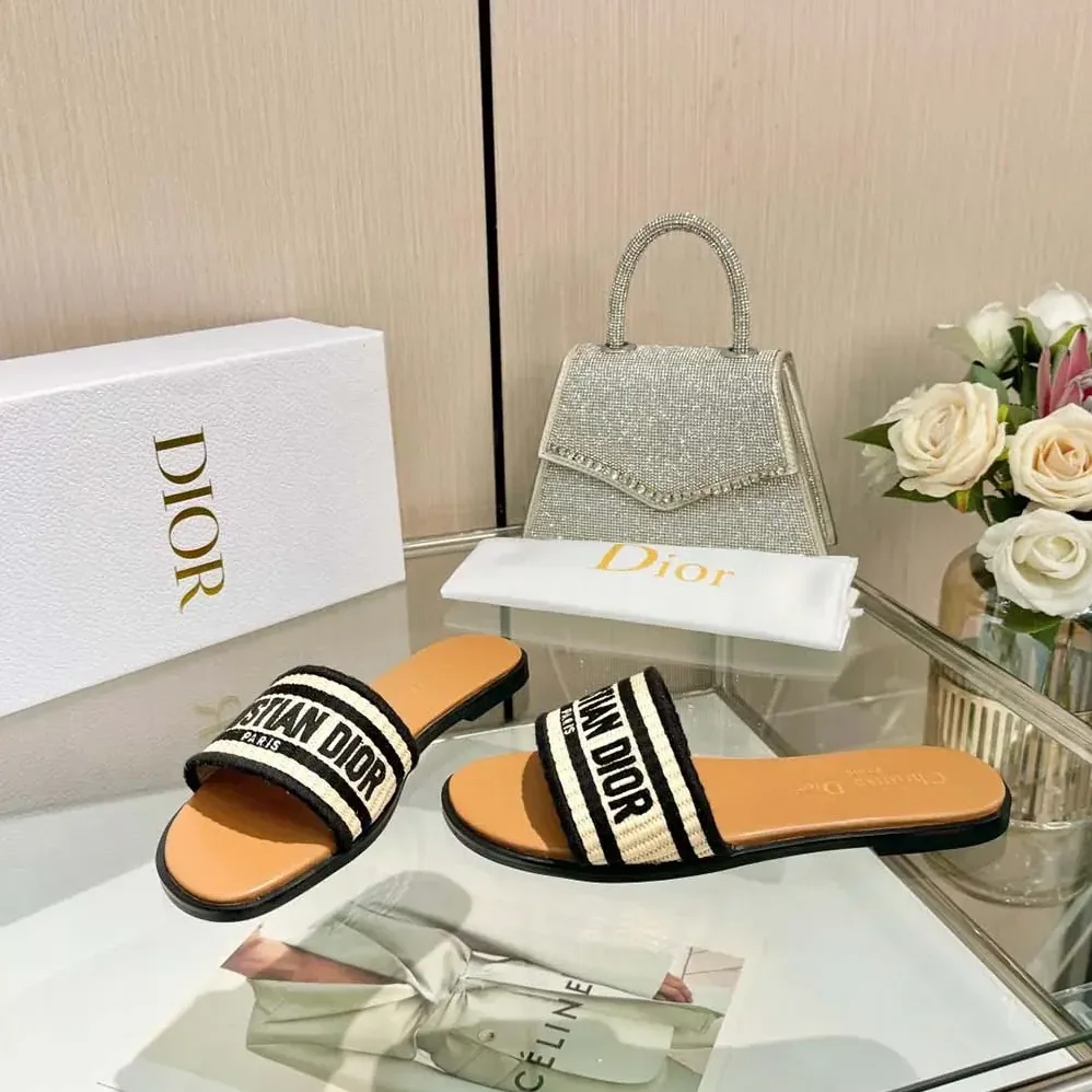 Dior Dway Slide Natural Raffia and Black Embroidered Cotton for Women