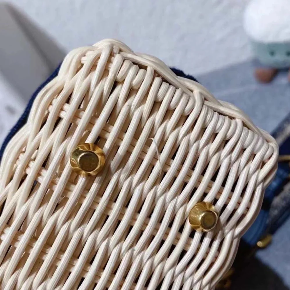 Dior Small Lady Dior Bag Natural Wicker and Blue Dior Oblique Jacquard for Women