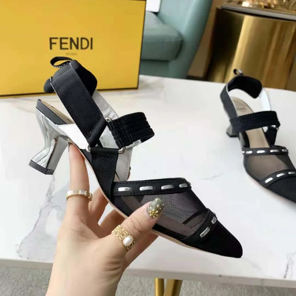 Fendi Colibri Black Mesh Medium-Heel Slingbacks with Metal Stitches for Women