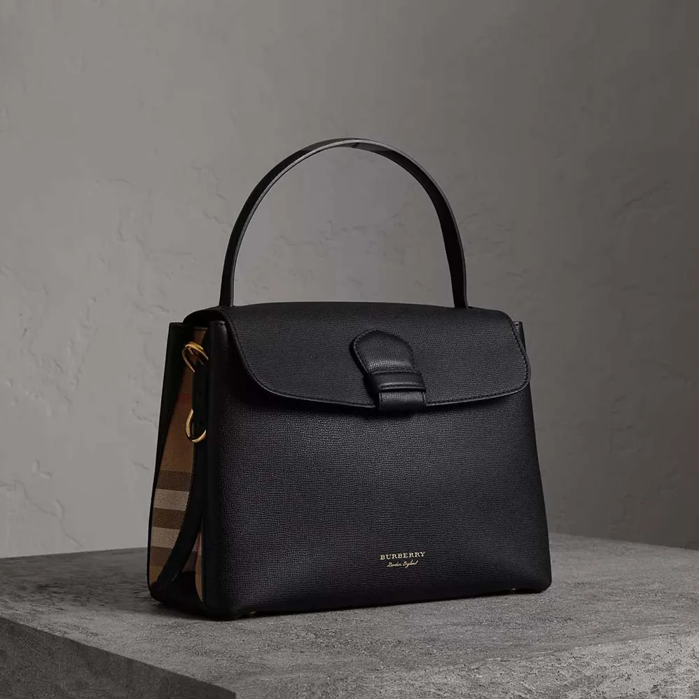 Burberry Medium Grainy Leather House Check Tote Bag for Women in Black