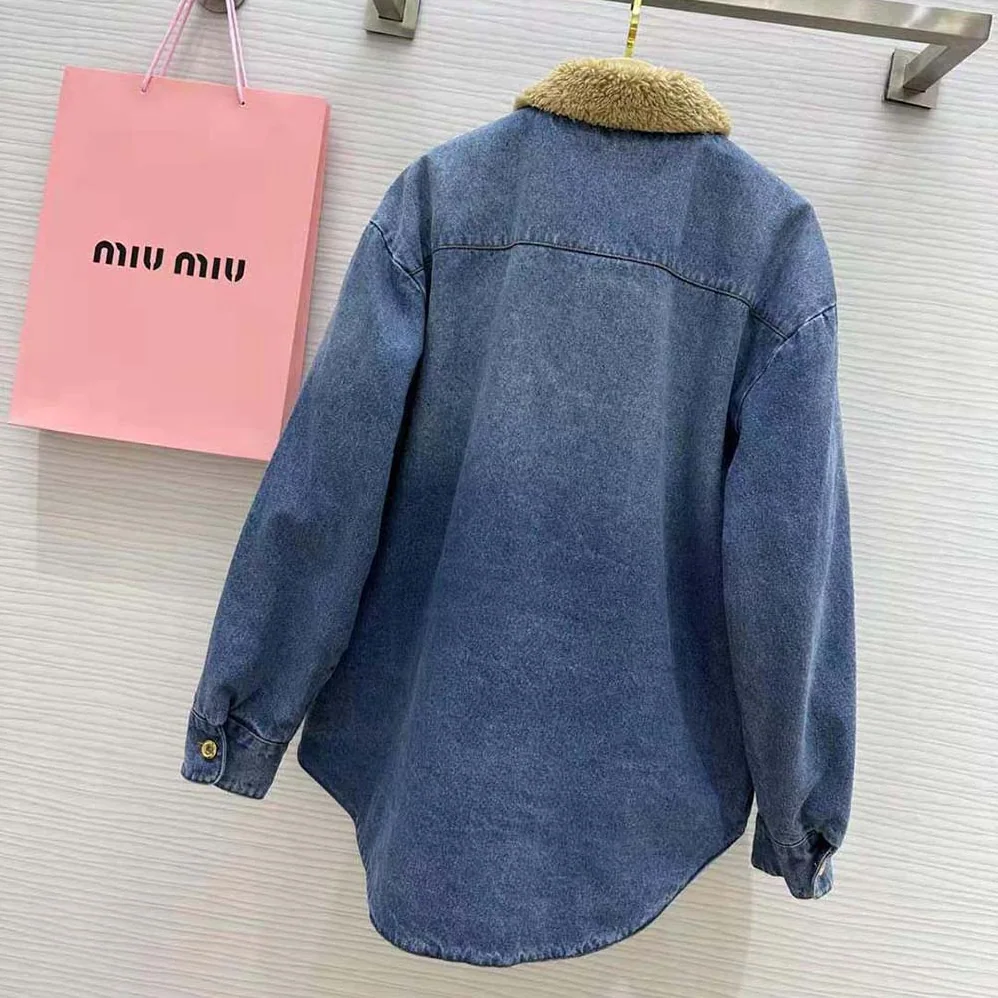 Miu Miu Embroidered Denim Blouson Jacket with Embroidered Logo for Women