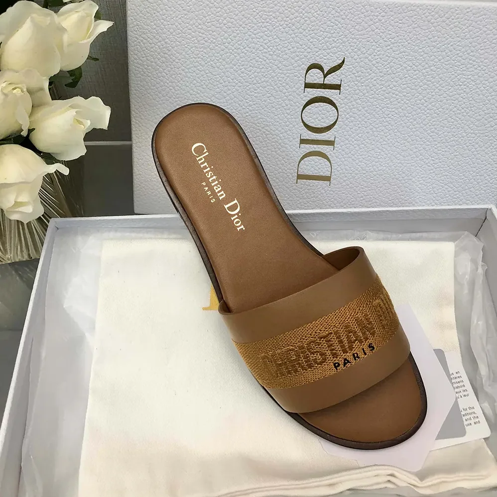 Dior Dway Slide Camel Calfskin and Embroidered Cotton for Women