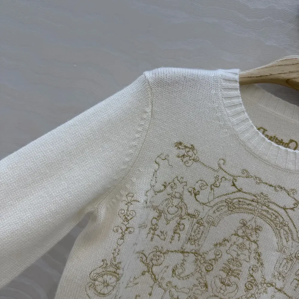 Dior Embroidered Sweater Ecru Cashmere Knit with Gold for Women in Tone Dioresque Stella Motif Dior Embroidered Sweater Ecru Cashmere Knit with Gold for Women in Tone Dioresque Stella Motif