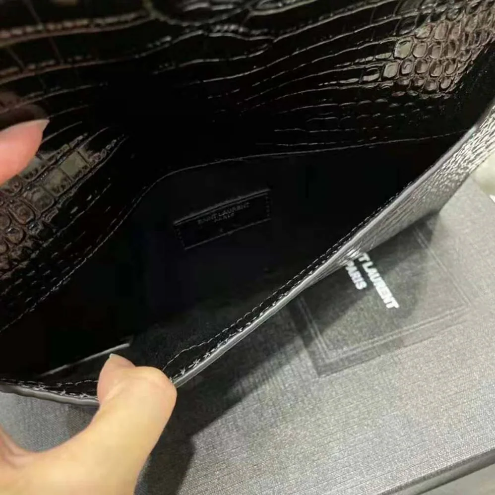 Saint Laurent YSL Uptown Pouch in Crocodile Embossed Shiny Leather for Women in Silver